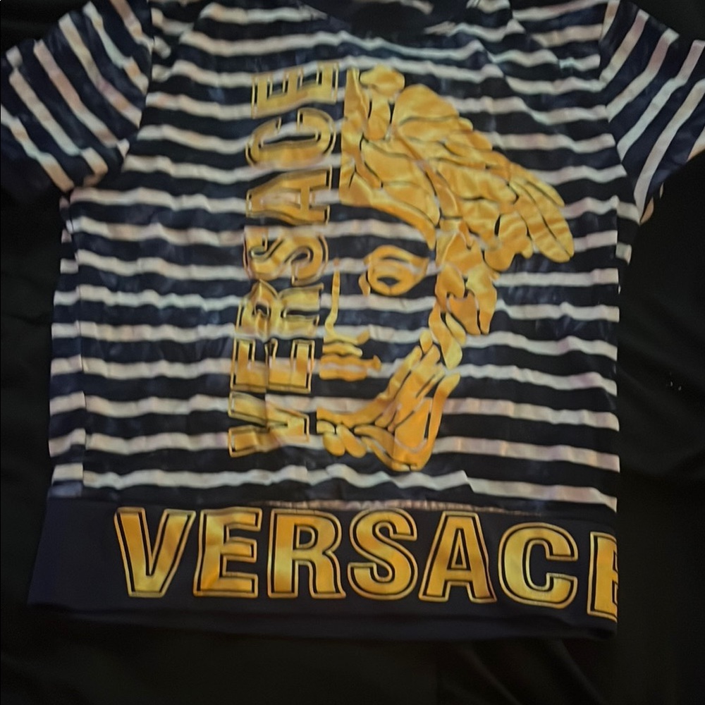 Versace Navy and Gold Striped Tee
